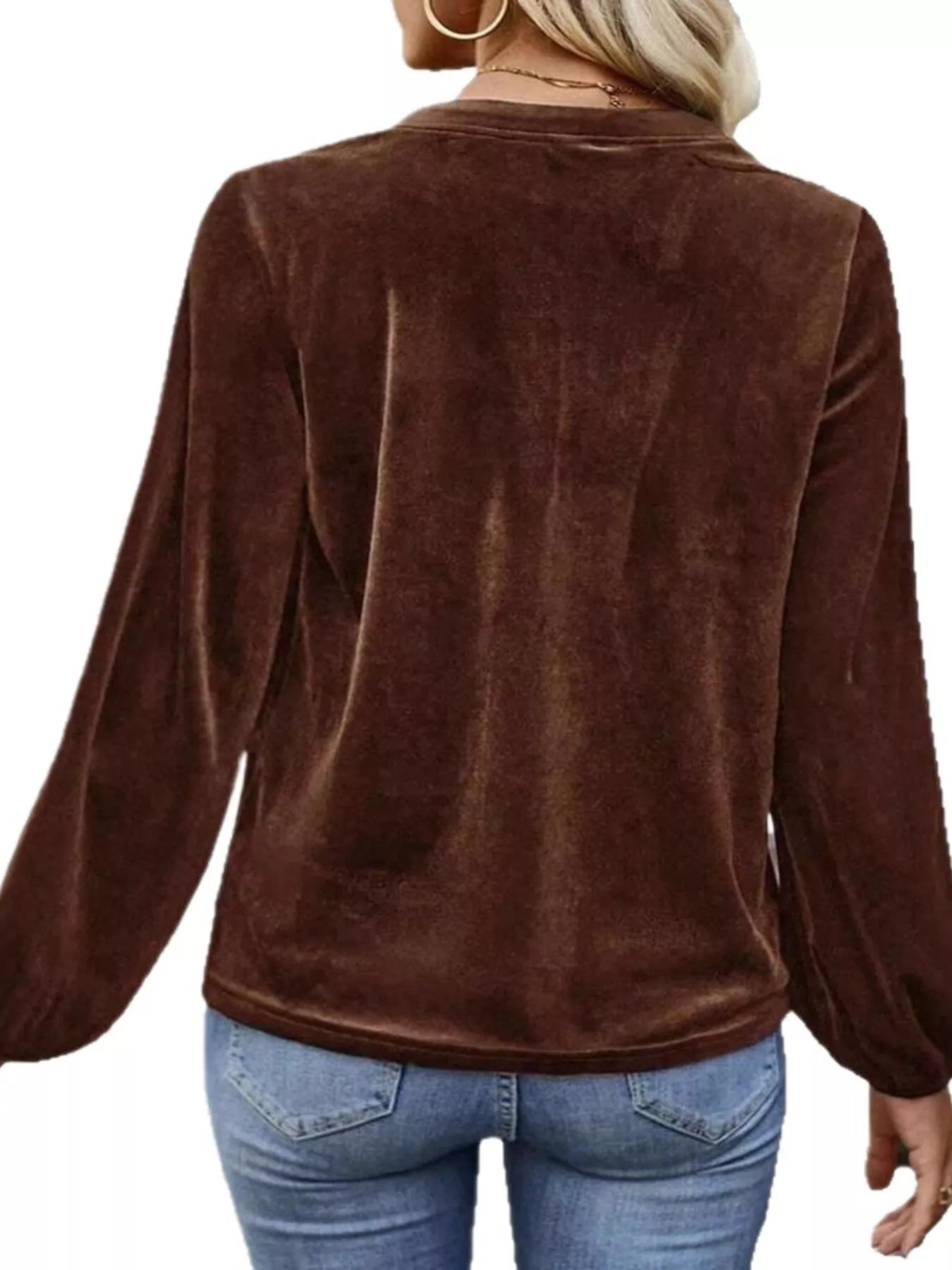 Velvet Notched Long Sleeve Blouse - PBNJ FASHIONS
