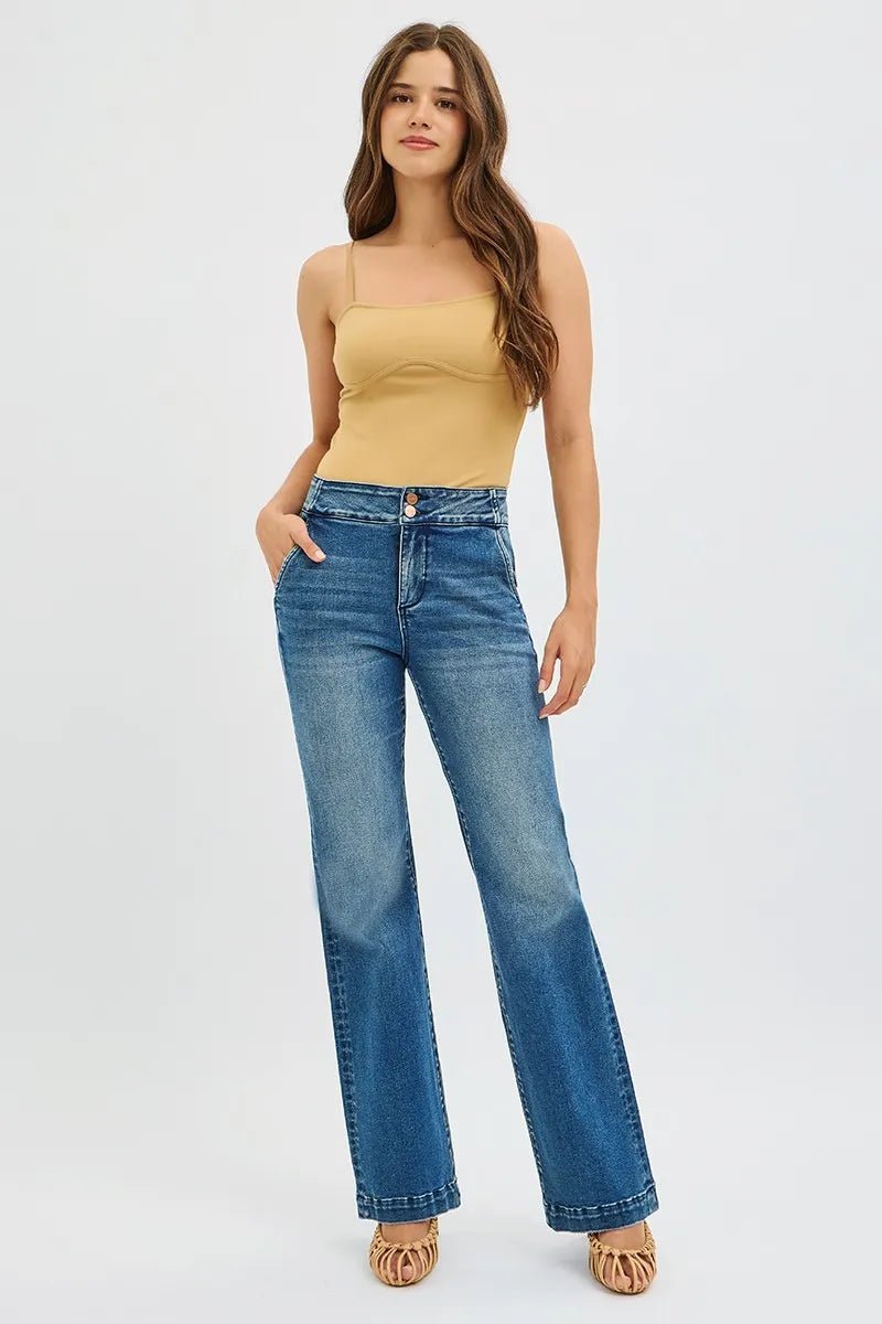 RISEN Full Size Tummy Control High Rise Bootcut Jeans with Double Button Waistband Plus Size - PBNJ FASHIONS