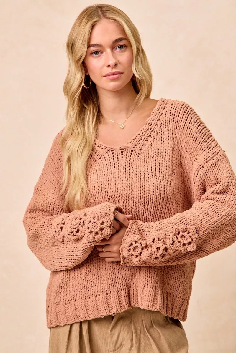 BiBi Chunky Knit Sweater with Flower Detail Sleeves - PBNJ FASHIONS