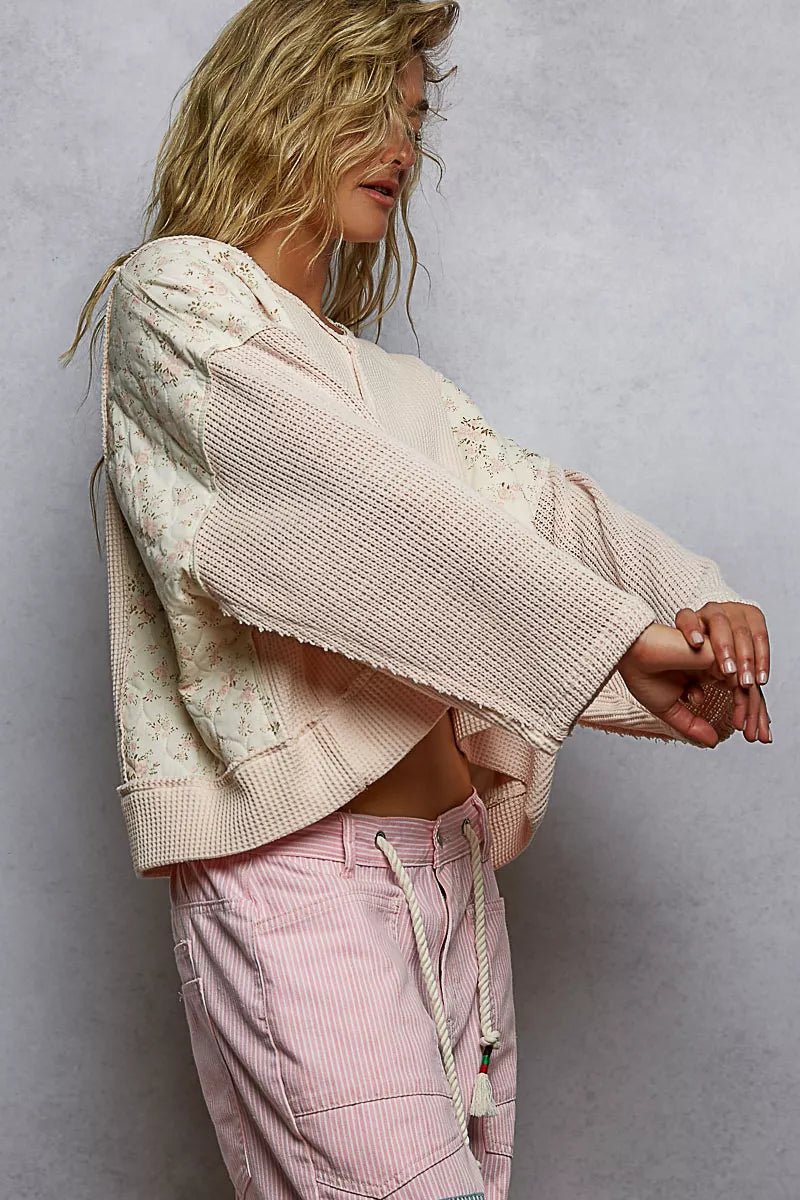 POL Mix Thermal Floral Pattern Quilted Knit Cropped Top with Raw Edge Detail - PBNJ FASHIONS