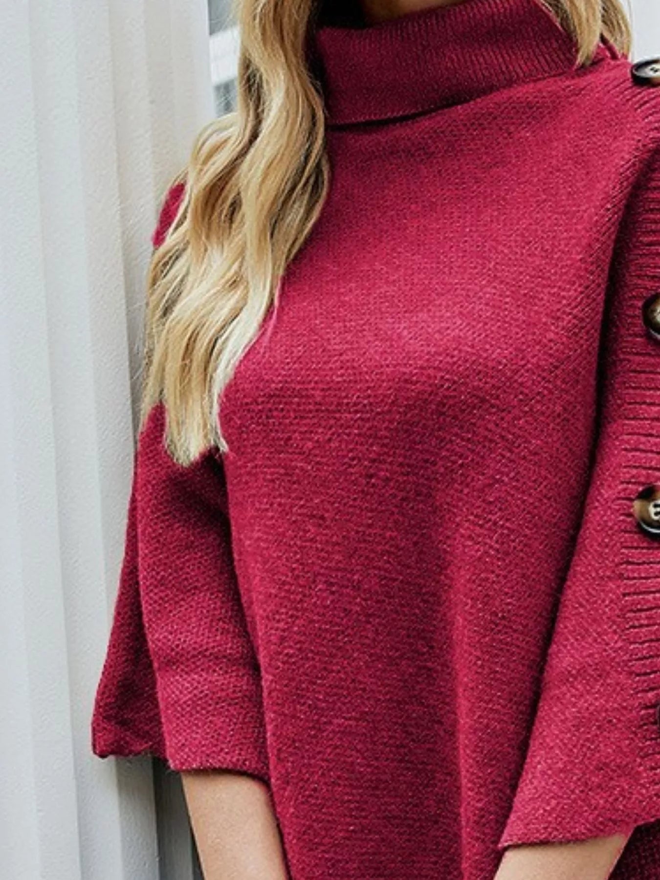 Button - Decor Turtleneck Poncho Pullover - PBNJ FASHIONS