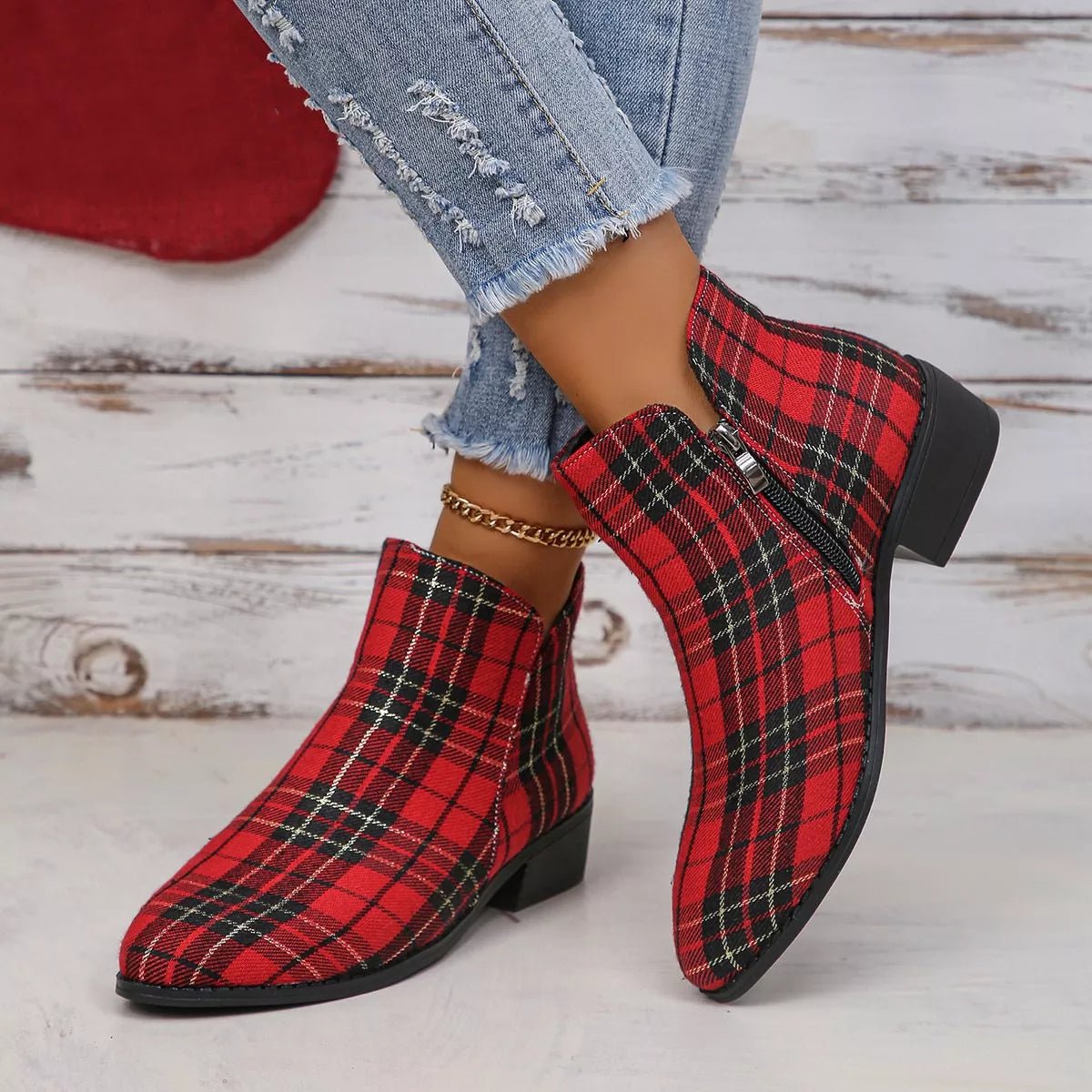 Plaid Point Toe Ankle Boots - PBNJ FASHIONS