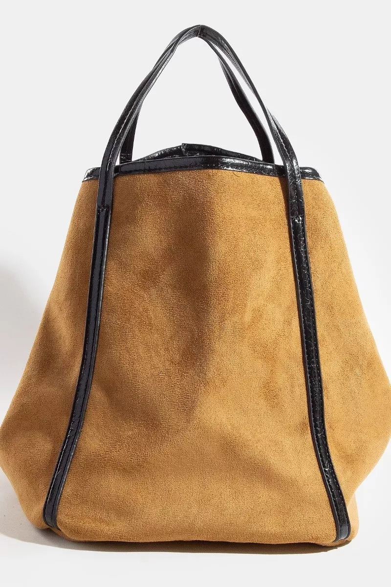 Fame Suede Tote Faux Leather Trim Shoulder Strap - PBNJ FASHIONS
