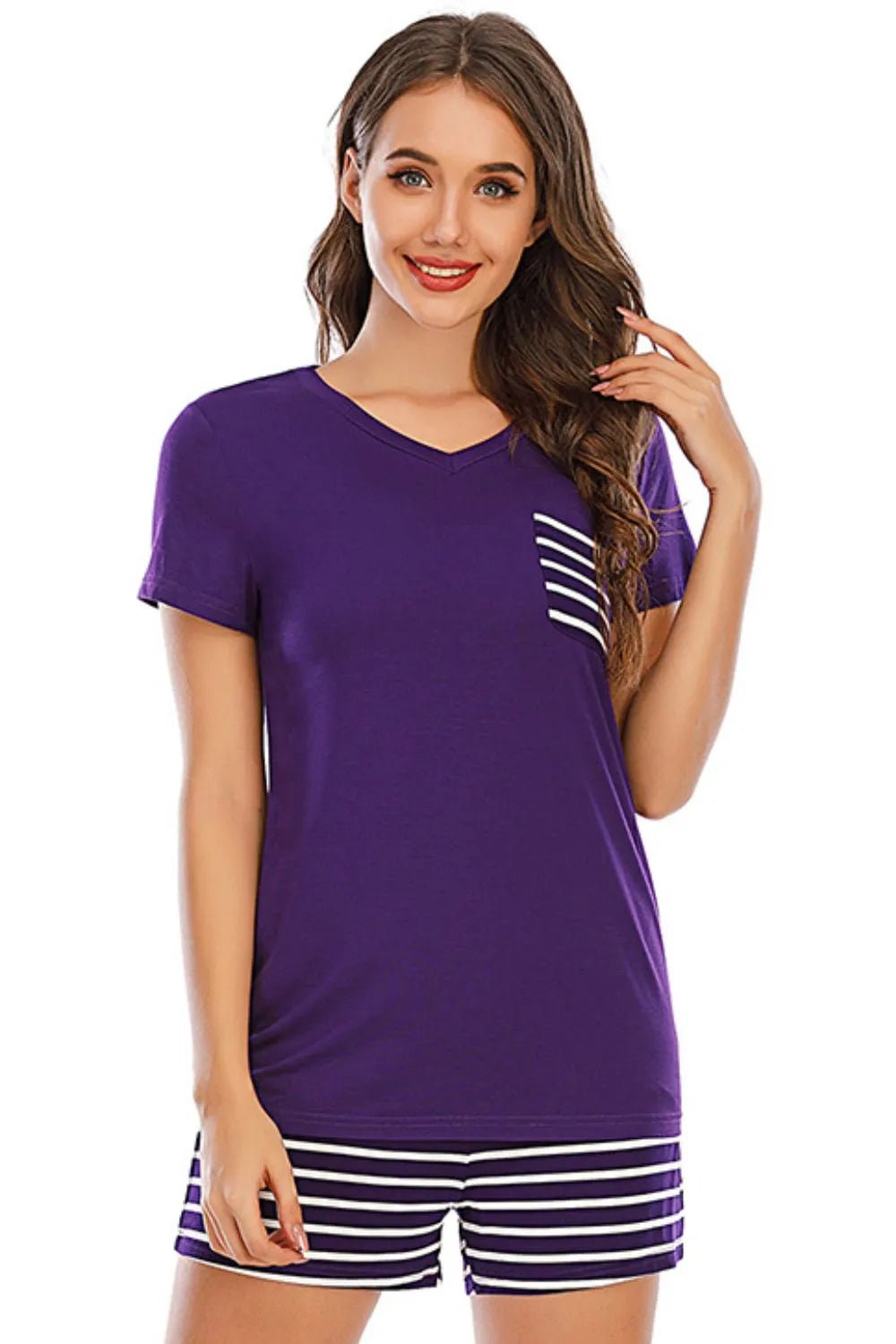Striped Short Sleeve Top and Shorts Lounge Set - PBNJ FASHIONS