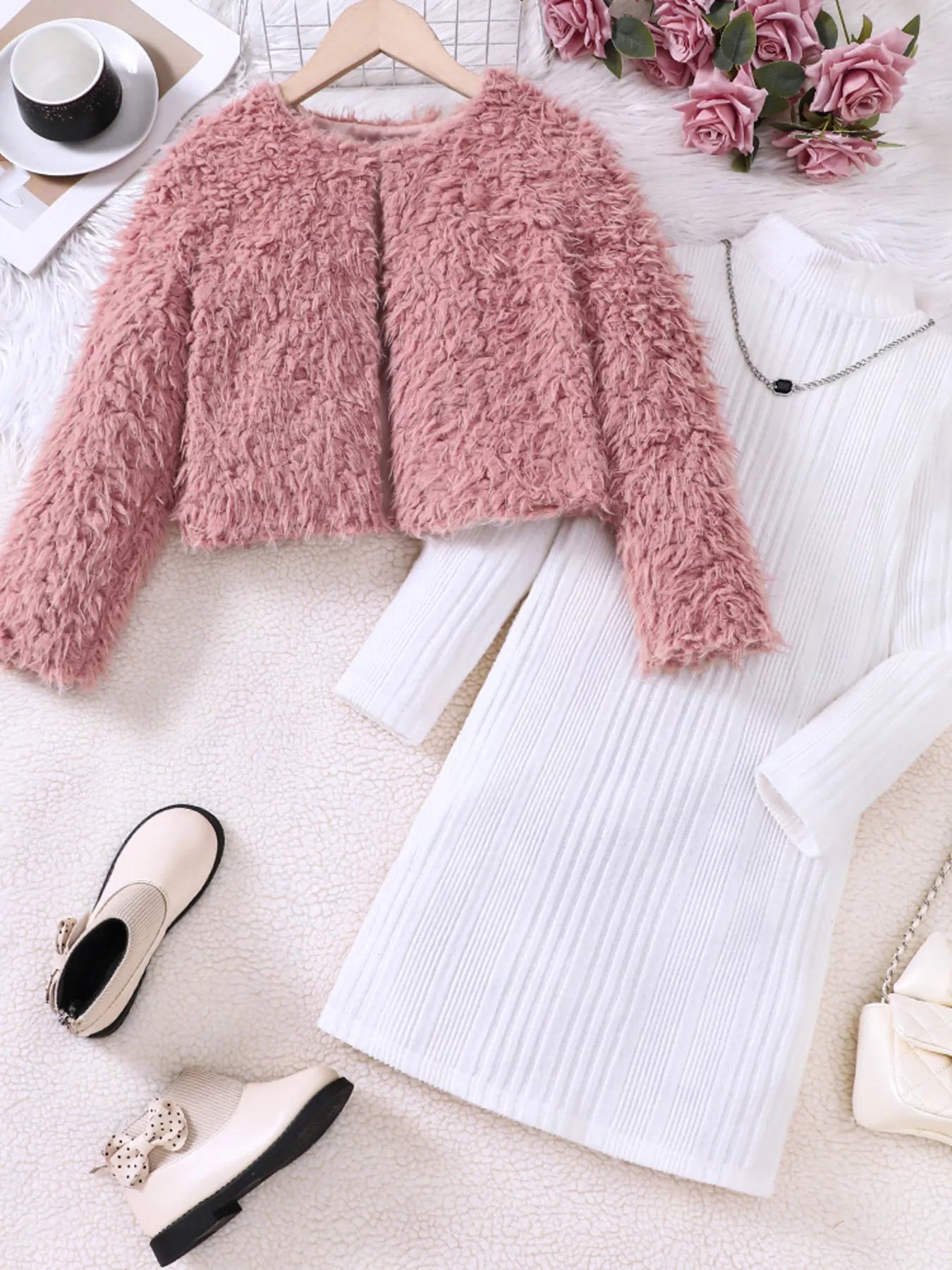 Children's Faux Fur Jacket & Ribbed Dress Set - PBNJ FASHIONS