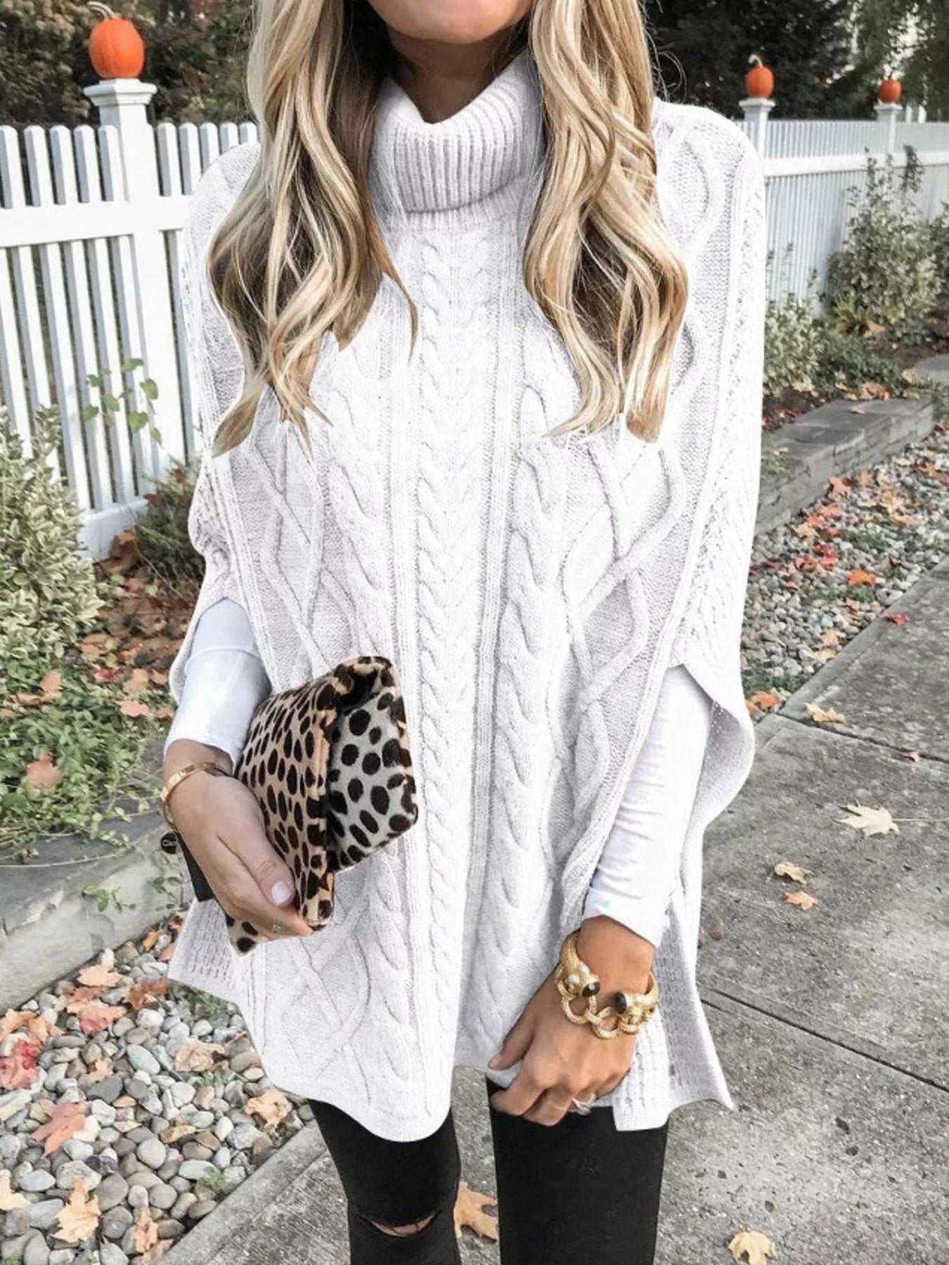 Chunky Cable Knit Turtleneck Poncho Cover Up - PBNJ FASHIONS