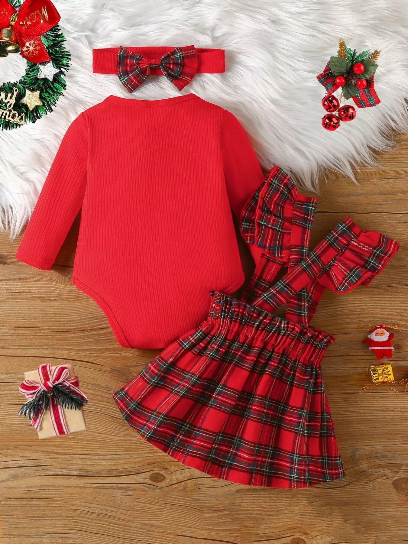 Children's First Christmas Bodysuit and Plaid Dress Outfit Set with Headband - PBNJ FASHIONS