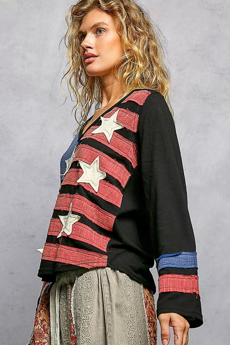 POL Double Gauze American Flag Patch V - Neck Long Sleeve T-Shirt - PBNJ FASHIONS