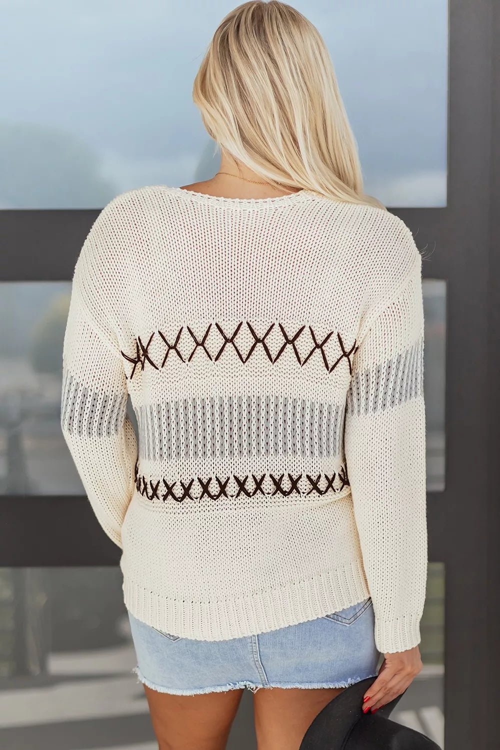 V - Neck Knit Long Sleeve Sweater - PBNJ FASHIONS