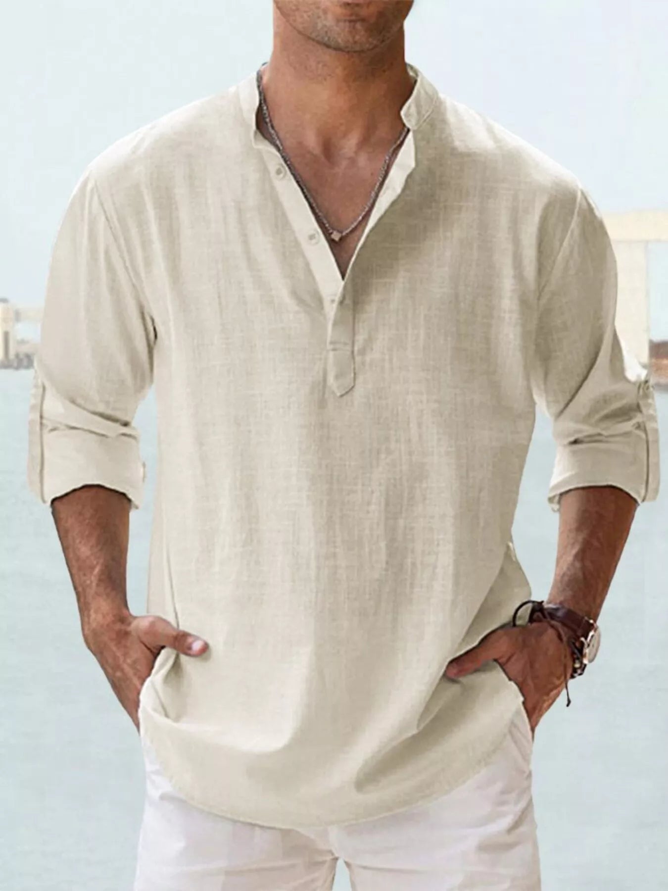 Men's Full Size Casual Button Detail Roll - Up Sleeve Blouse Plus Size - PBNJ FASHIONS