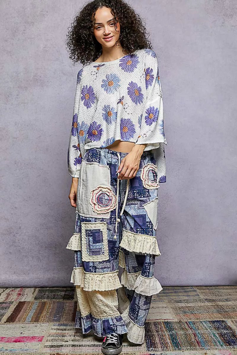 POL Floral Round Neck Rolling Edge Sweater - PBNJ FASHIONS