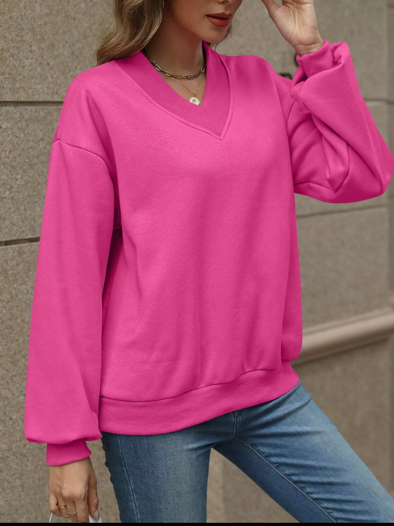 V - Neck Solid Color Casual Sweatshirt - PBNJ FASHIONS