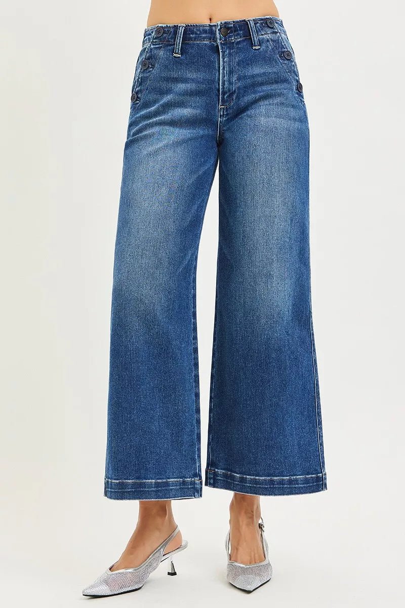 RISEN High Rise Wide Leg Jeans With Pocket Button Detail - PBNJ FASHIONS