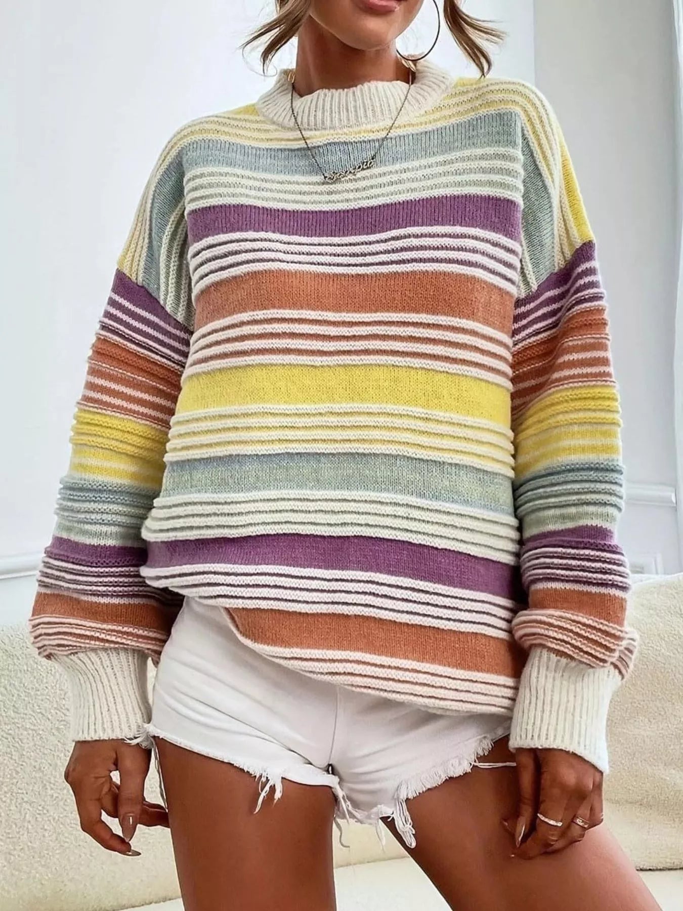 Striped Knit Long Sleeve Sweater - PBNJ FASHIONS