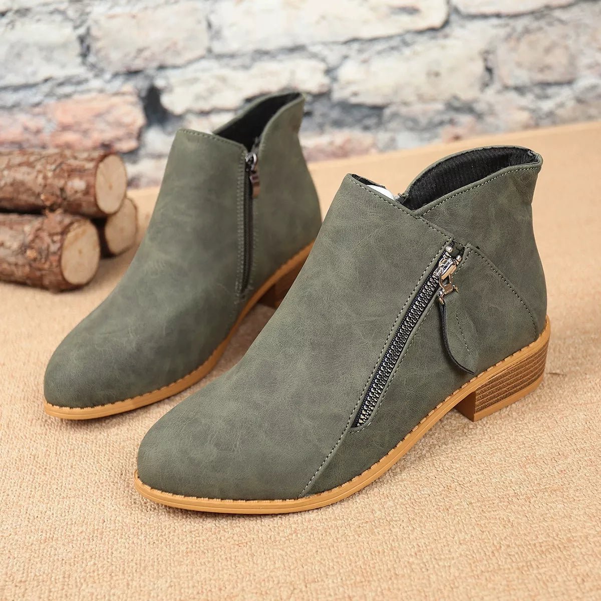 Chic Zip-Up Ankle Boots: Comfortable and Stylish with Block Heels for Effortless Fashion Statements - Army Green-36