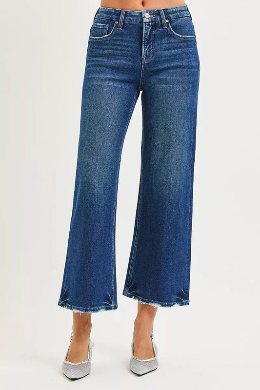 RISEN Tummy Control 4 Way Stretch High Rise Crop Wide Leg Jeans - PBNJ FASHIONS