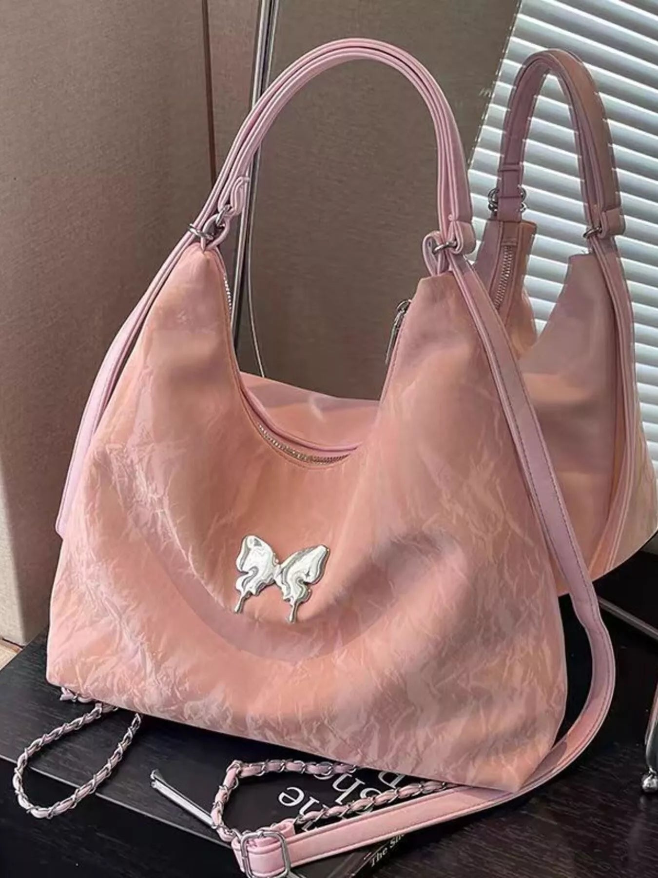 Convertible Shoulder Bag with Butterfly Decor - PinkOne Size