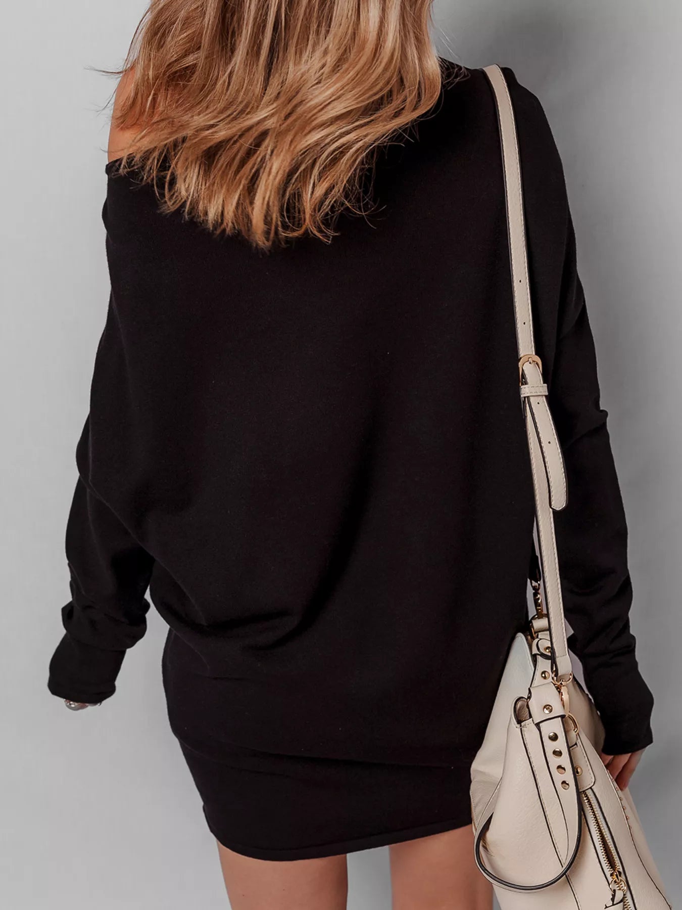 Asymmetric Neck Batwing Sleeve Shift Mini Sweater Dress - PBNJ FASHIONS