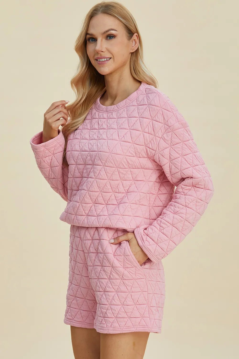 Double Take Full Size Texture Round Neck Long Sleeve Top and Shorts Set - PBNJ FASHIONS