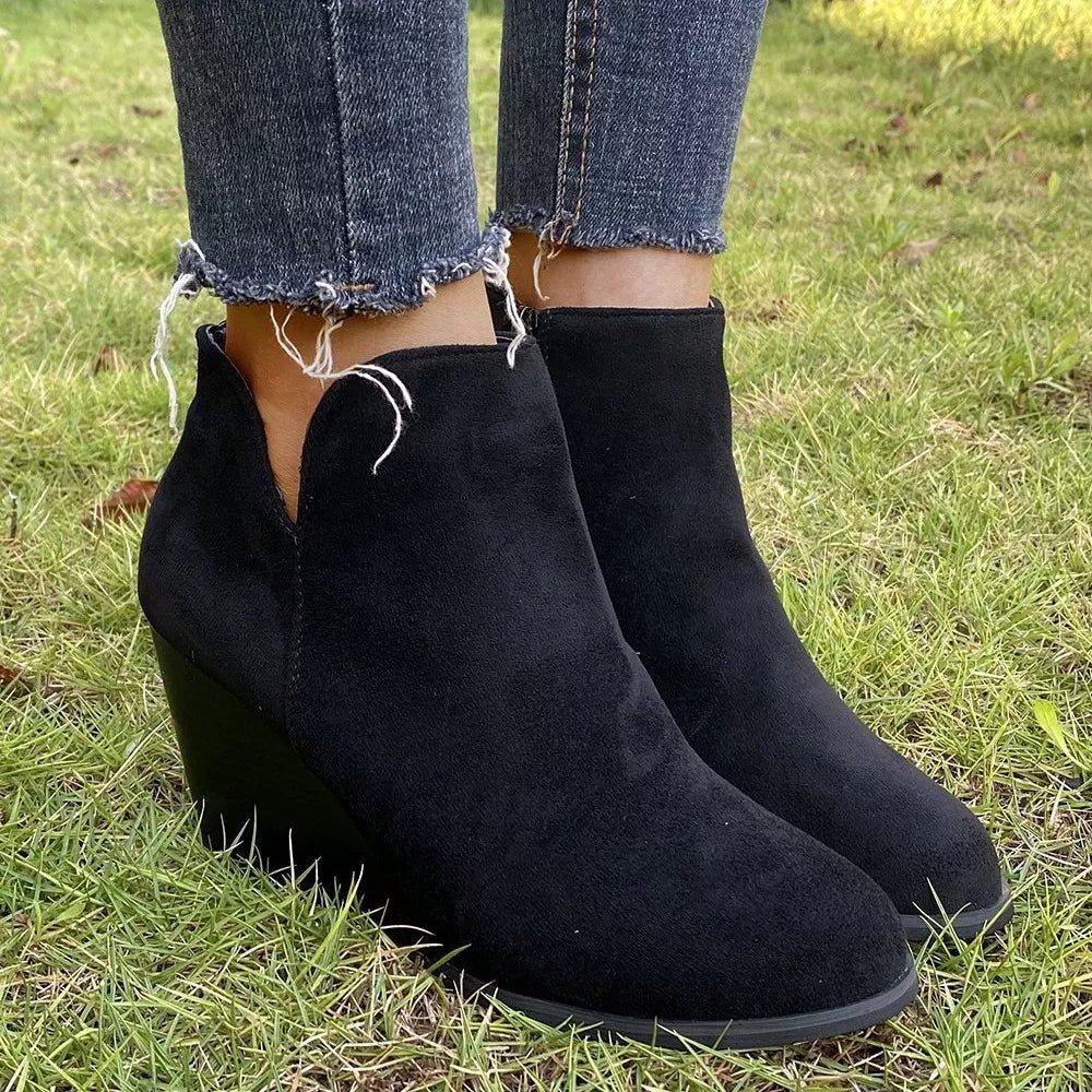 Side Zipper Wedge Boots - Heel Suede Shoes, Sizes US 5-11 - PBNJ FASHIONS
