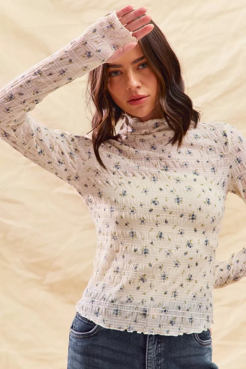 SO ME Floral Print Textured Long Sleeve Knit Top - PBNJ FASHIONS