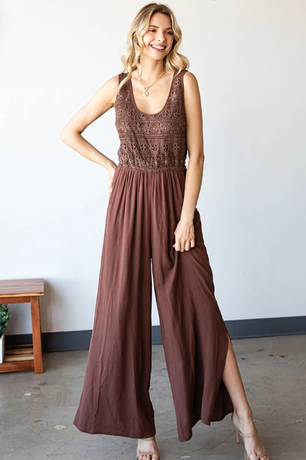 First Love Tie Back Sleeveless Slit Wide Leg Jumpsuit - PBNJ FASHIONS