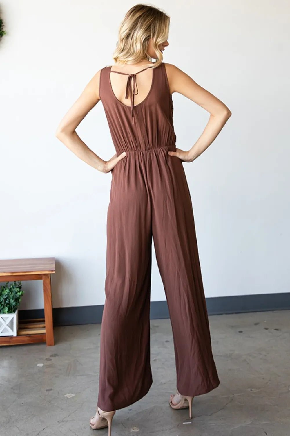 First Love Tie Back Sleeveless Slit Wide Leg Jumpsuit - PBNJ FASHIONS