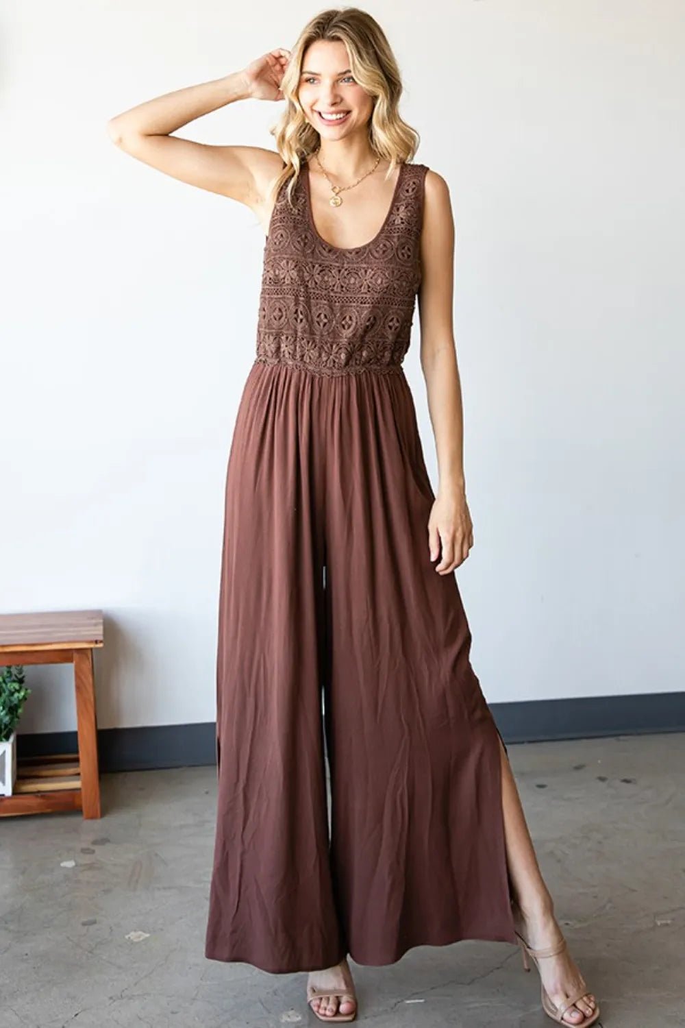 First Love Tie Back Sleeveless Slit Wide Leg Jumpsuit - PBNJ FASHIONS