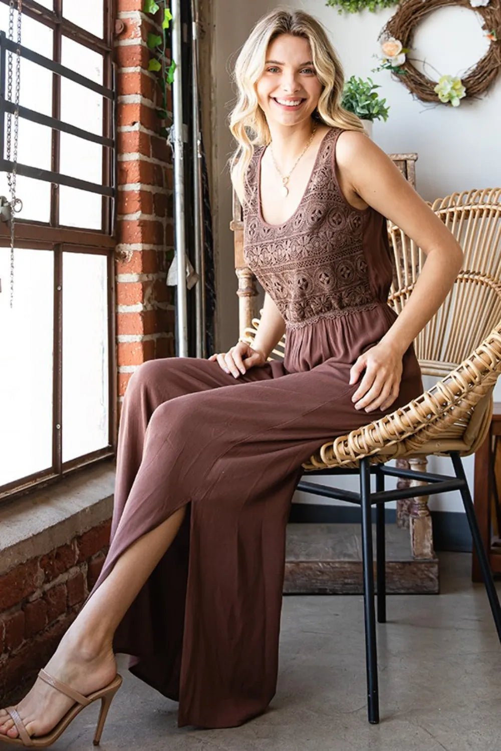 First Love Tie Back Sleeveless Slit Wide Leg Jumpsuit - PBNJ FASHIONS