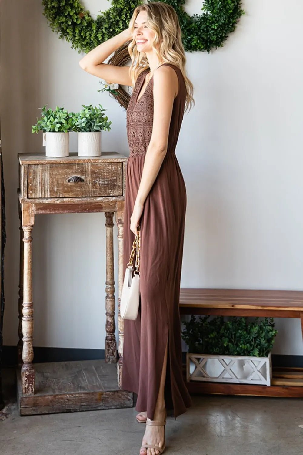 First Love Tie Back Sleeveless Slit Wide Leg Jumpsuit - PBNJ FASHIONS