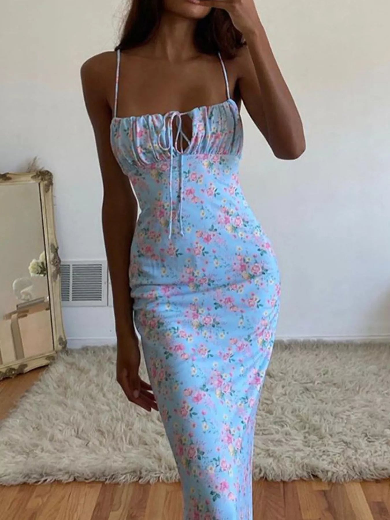 Floral Print Tie Strap Bodycon Maxi Dress - PBNJ FASHIONS