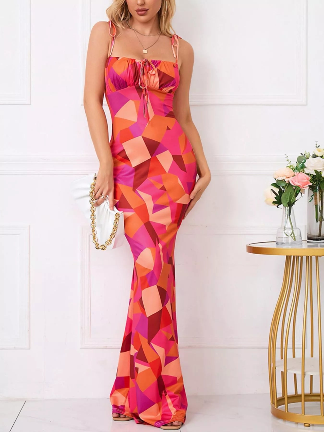 Floral Print Tie Strap Bodycon Maxi Dress - PBNJ FASHIONS