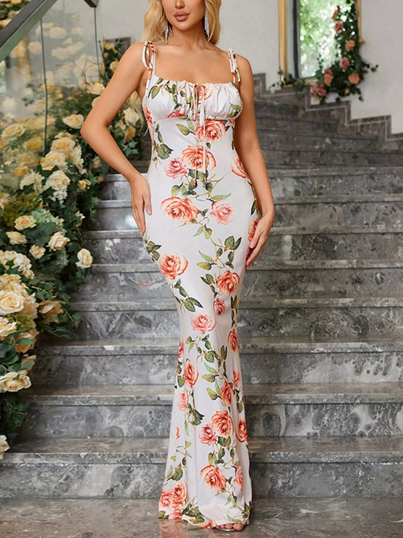 Floral Print Tie Strap Bodycon Maxi Dress - PBNJ FASHIONS