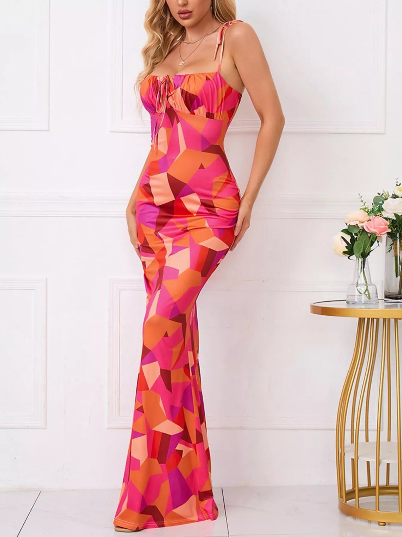 Floral Print Tie Strap Bodycon Maxi Dress - PBNJ FASHIONS