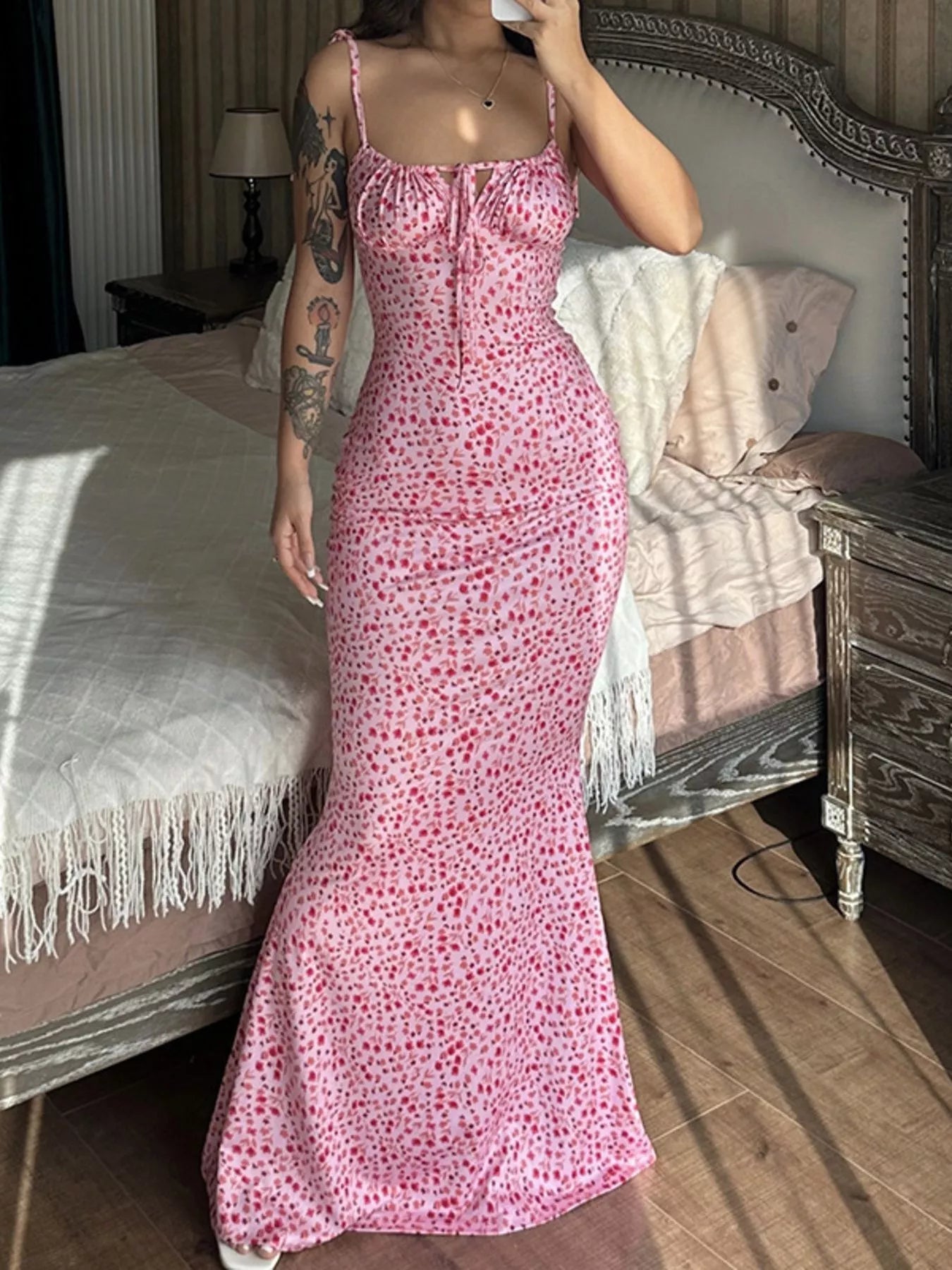 Floral Print Tie Strap Bodycon Maxi Dress - PBNJ FASHIONS