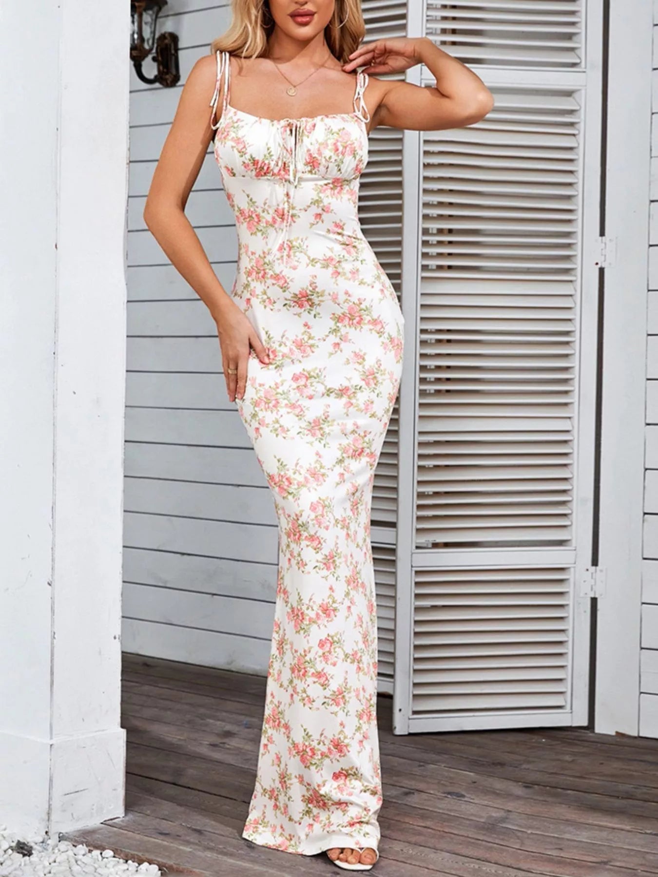 Floral Print Tie Strap Bodycon Maxi Dress - PBNJ FASHIONS