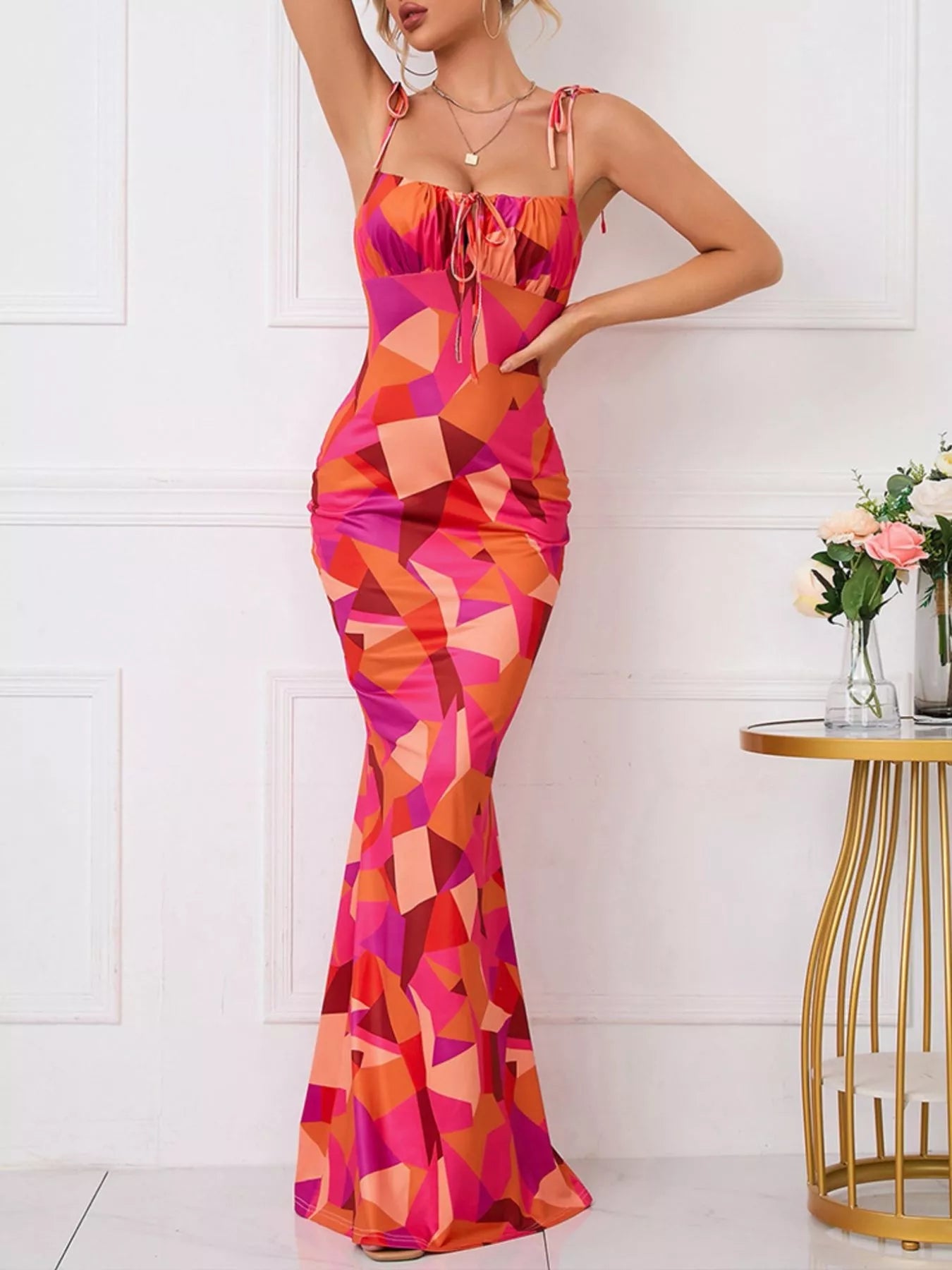 Floral Print Tie Strap Bodycon Maxi Dress - PBNJ FASHIONS