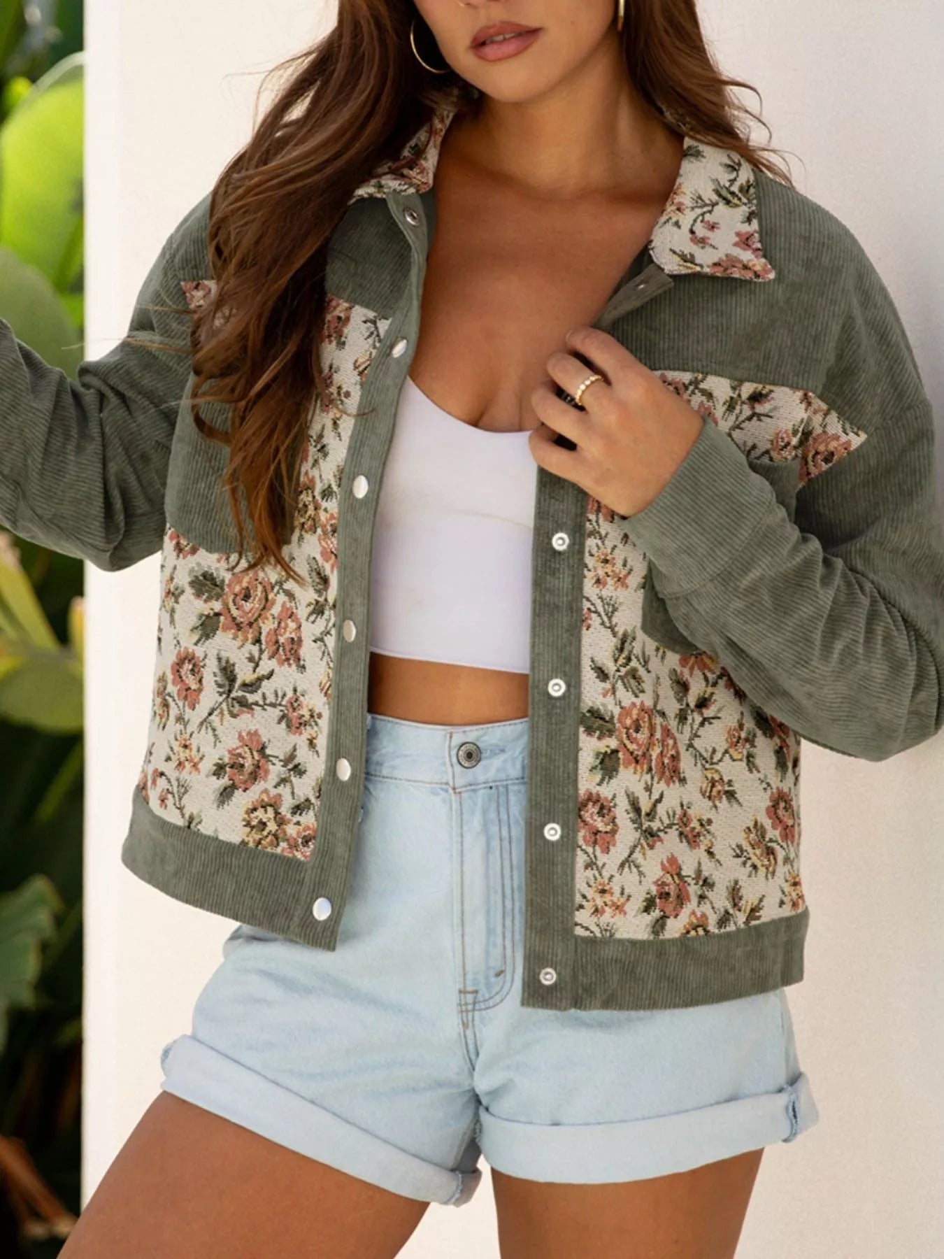 Floral Snap Down Corduroy Jacket - PBNJ FASHIONS