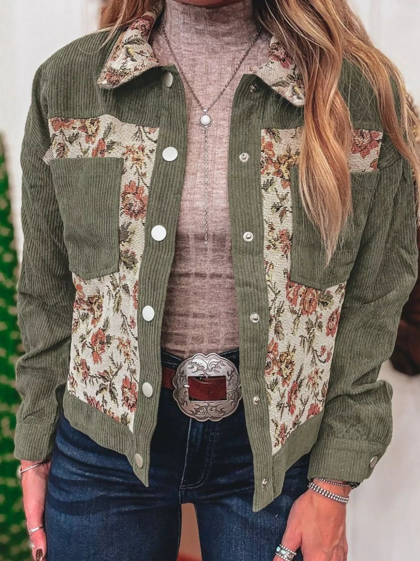 Floral Snap Down Corduroy Jacket - PBNJ FASHIONS