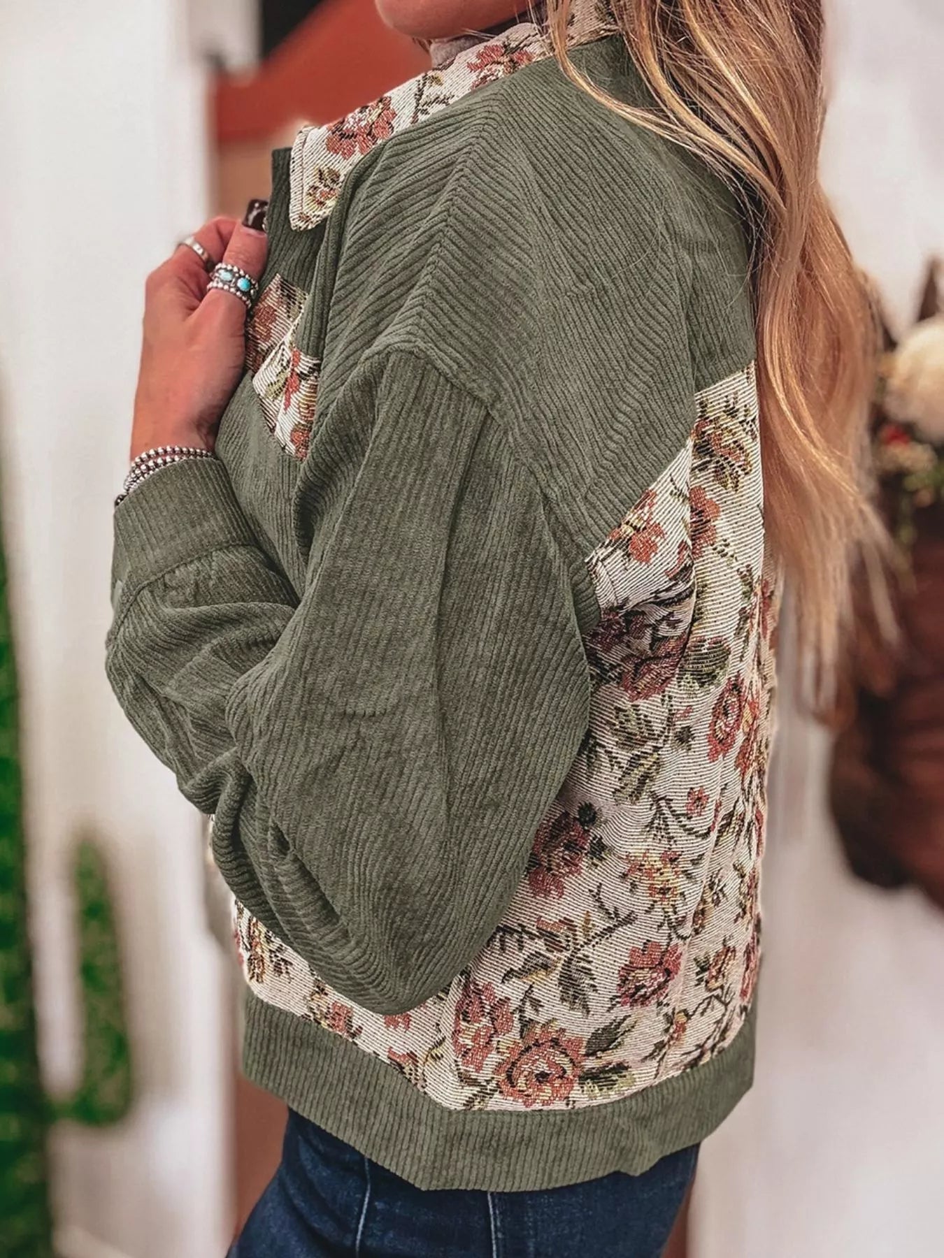 Floral Snap Down Corduroy Jacket - PBNJ FASHIONS