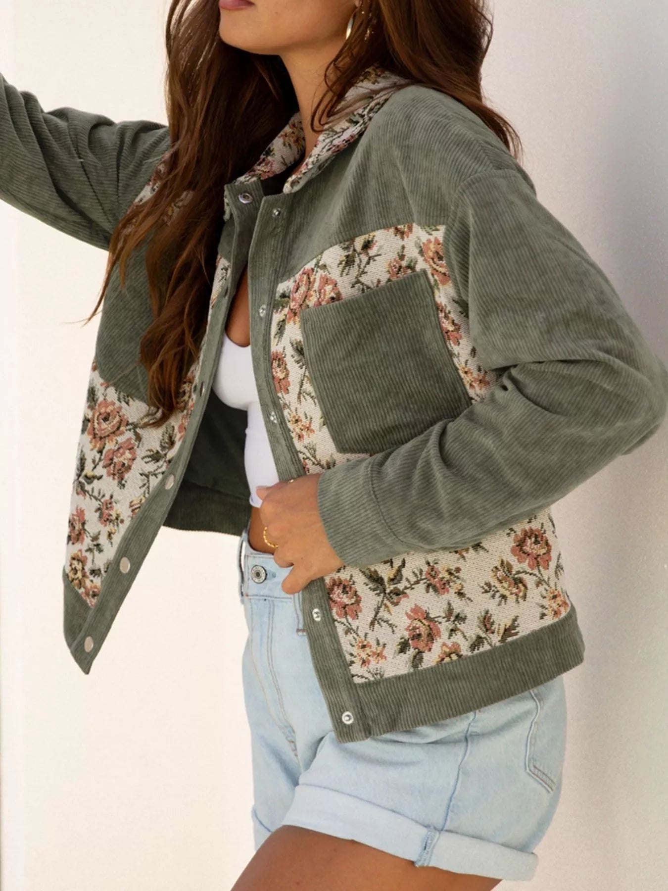Floral Snap Down Corduroy Jacket - PBNJ FASHIONS