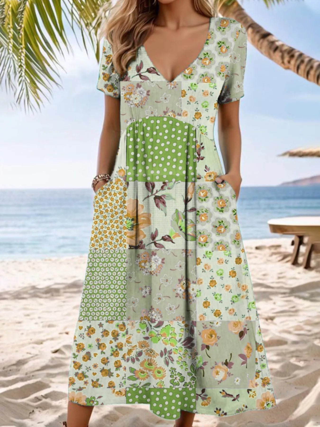 Full Size Floral V - Neck Casual Midi Dress Plus Size - PBNJ FASHIONS