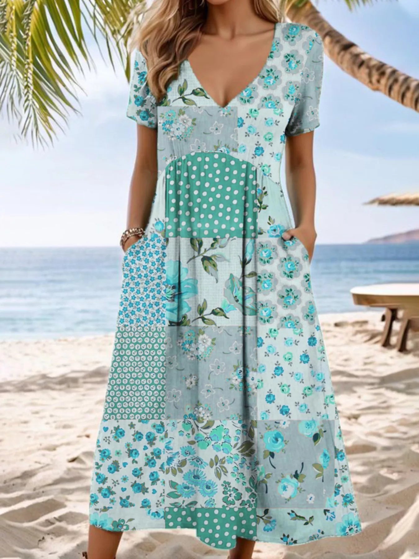 Full Size Floral V - Neck Casual Midi Dress Plus Size - PBNJ FASHIONS