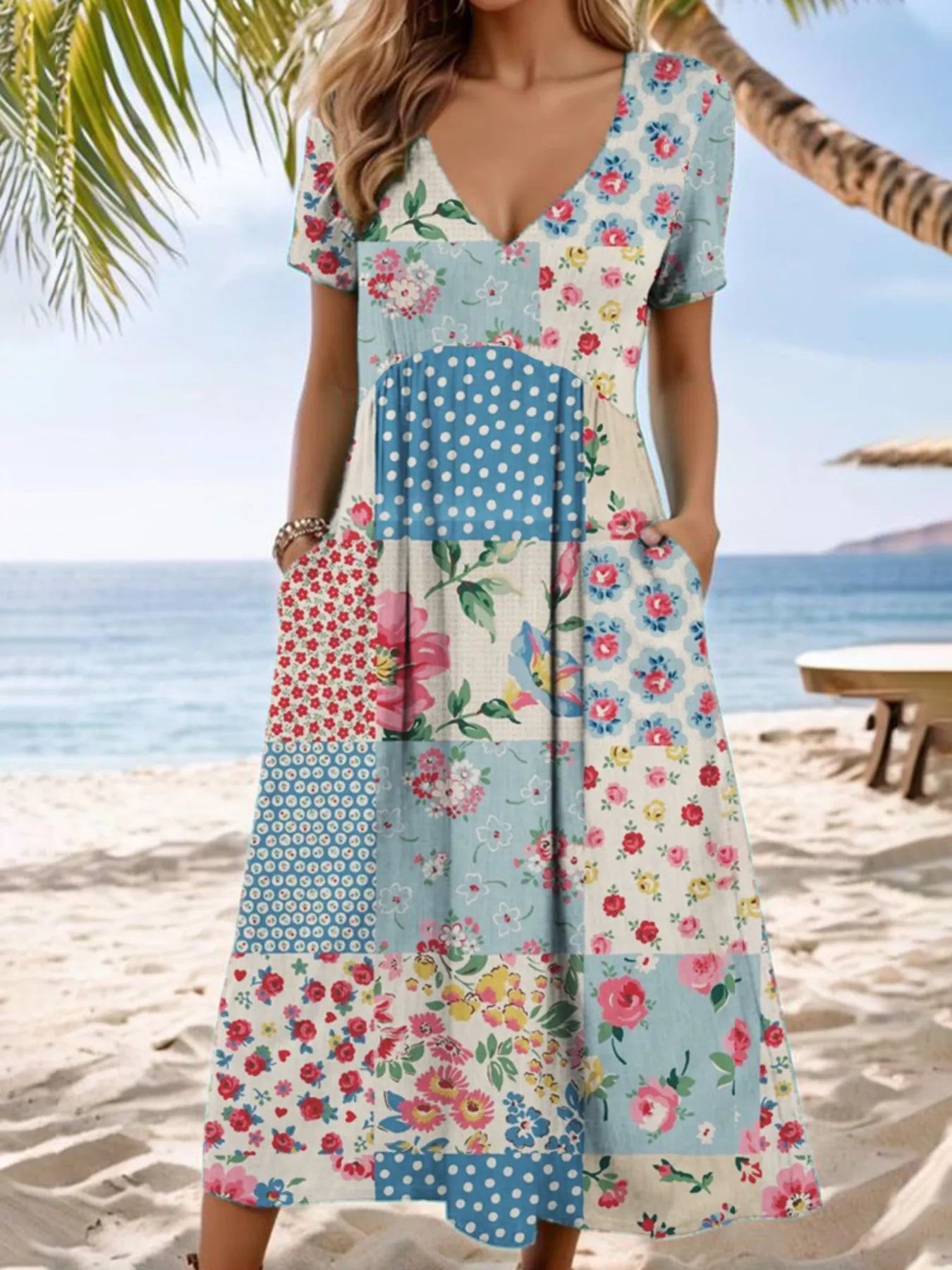 Full Size Floral V - Neck Casual Midi Dress Plus Size - PBNJ FASHIONS