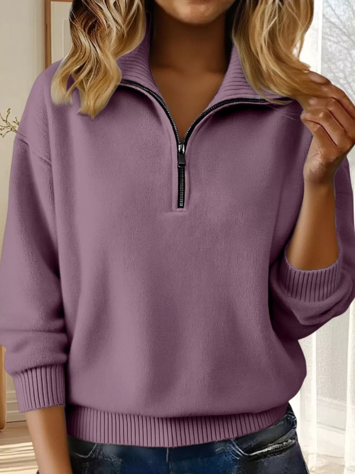Full Size Half Zip Dropped Shoulder Sweater Plus Size - Purple-S- - PBNJ FASHIONS