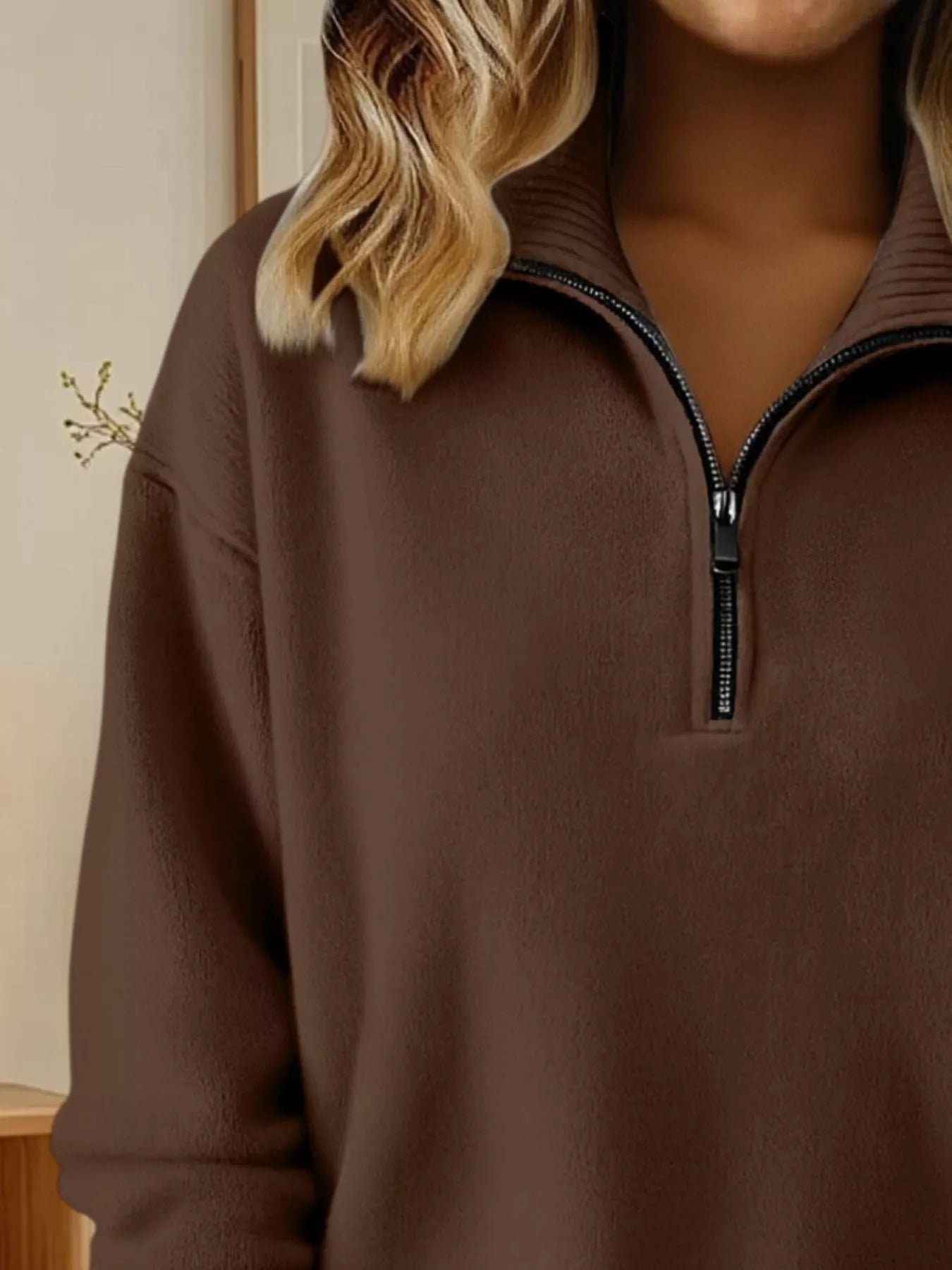 Full Size Half Zip Dropped Shoulder Sweater Plus Size - Brown-S- - PBNJ FASHIONS