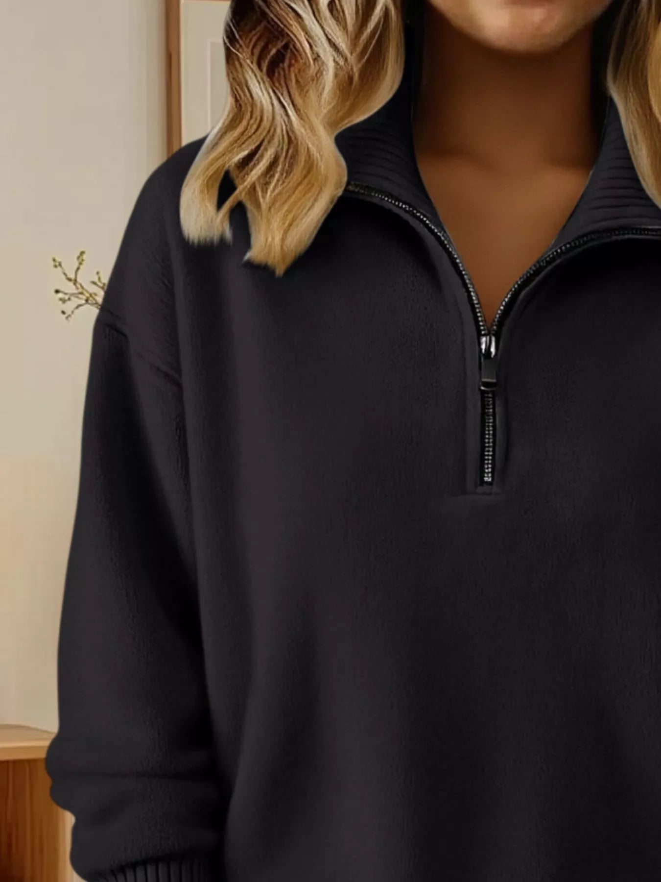 Full Size Half Zip Dropped Shoulder Sweater Plus Size - Black-S- - PBNJ FASHIONS