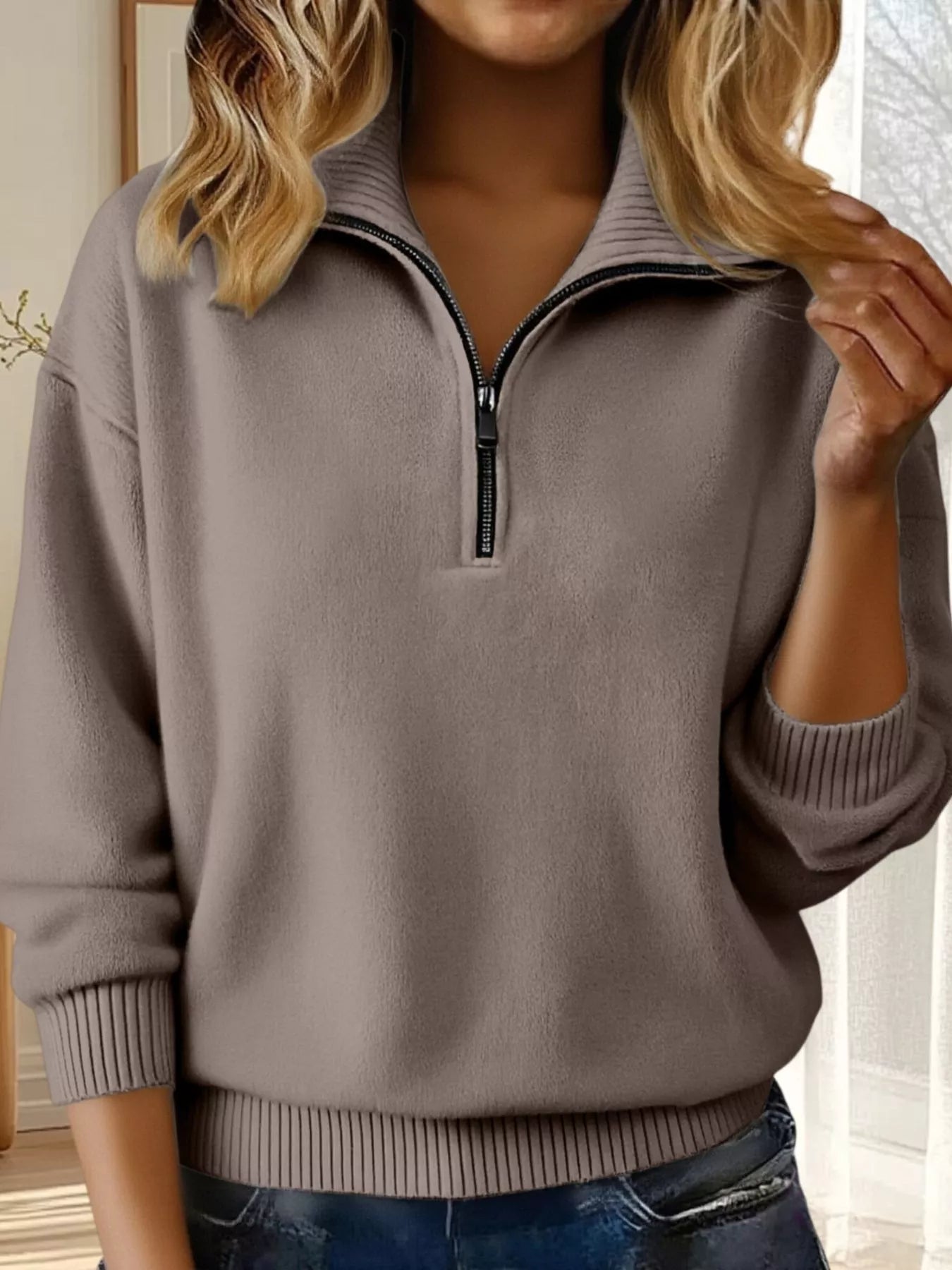 Full Size Half Zip Dropped Shoulder Sweater Plus Size - Camel-S- - PBNJ FASHIONS