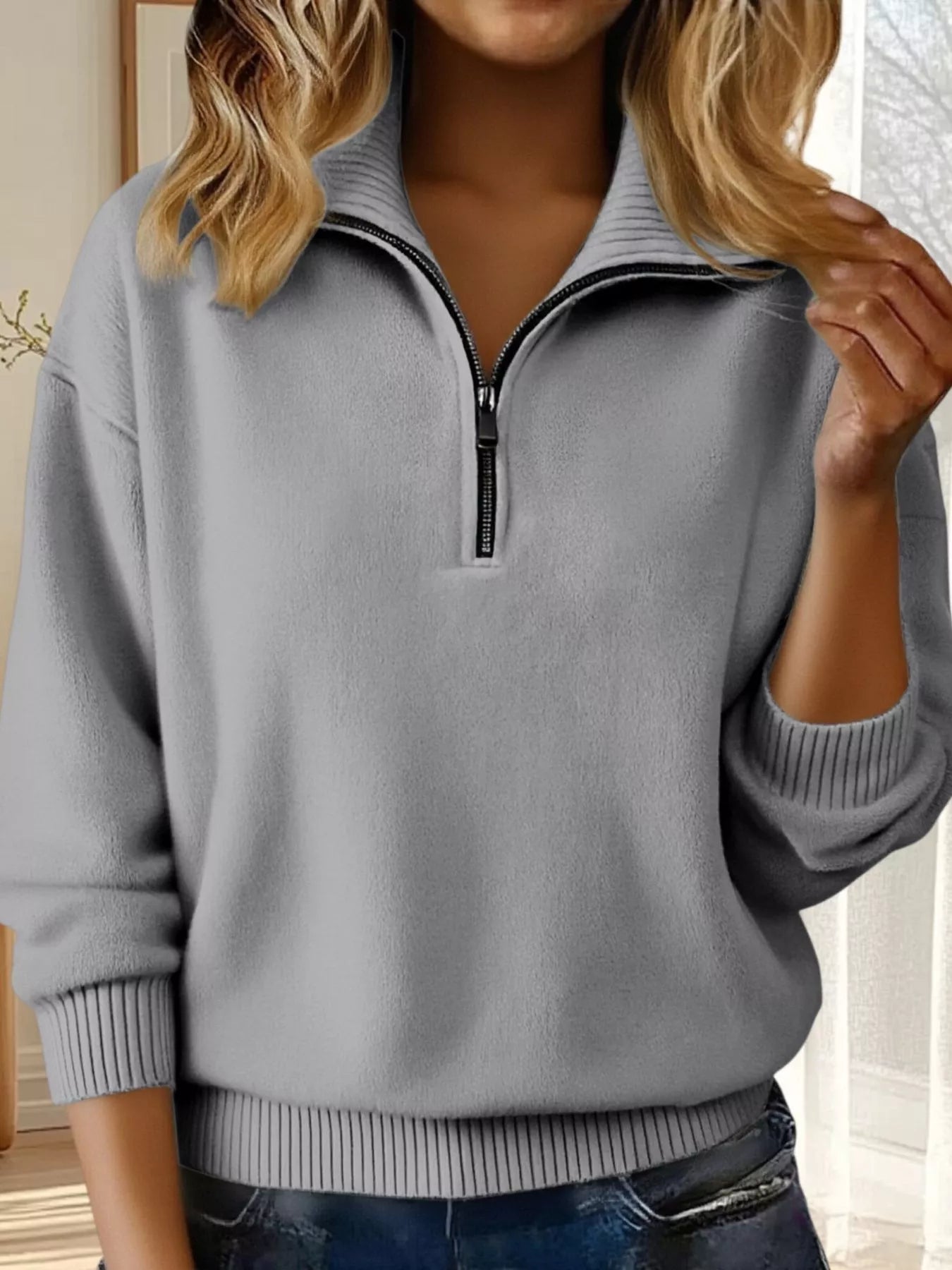 Full Size Half Zip Dropped Shoulder Sweater Plus Size - Gray-S- - PBNJ FASHIONS