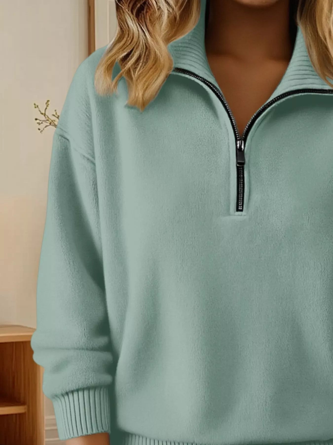 Full Size Half Zip Dropped Shoulder Sweater Plus Size - Light Green-S- - PBNJ FASHIONS